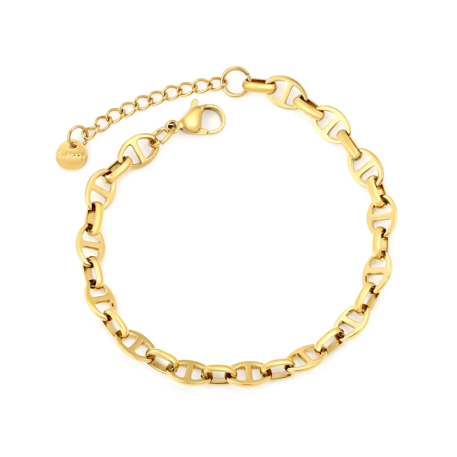 Width 6mm, thickness 1mm, oval-day-shaped chain 18+3cm+6mm, round tail tag, bracelet, steel color/golden asonjewelry